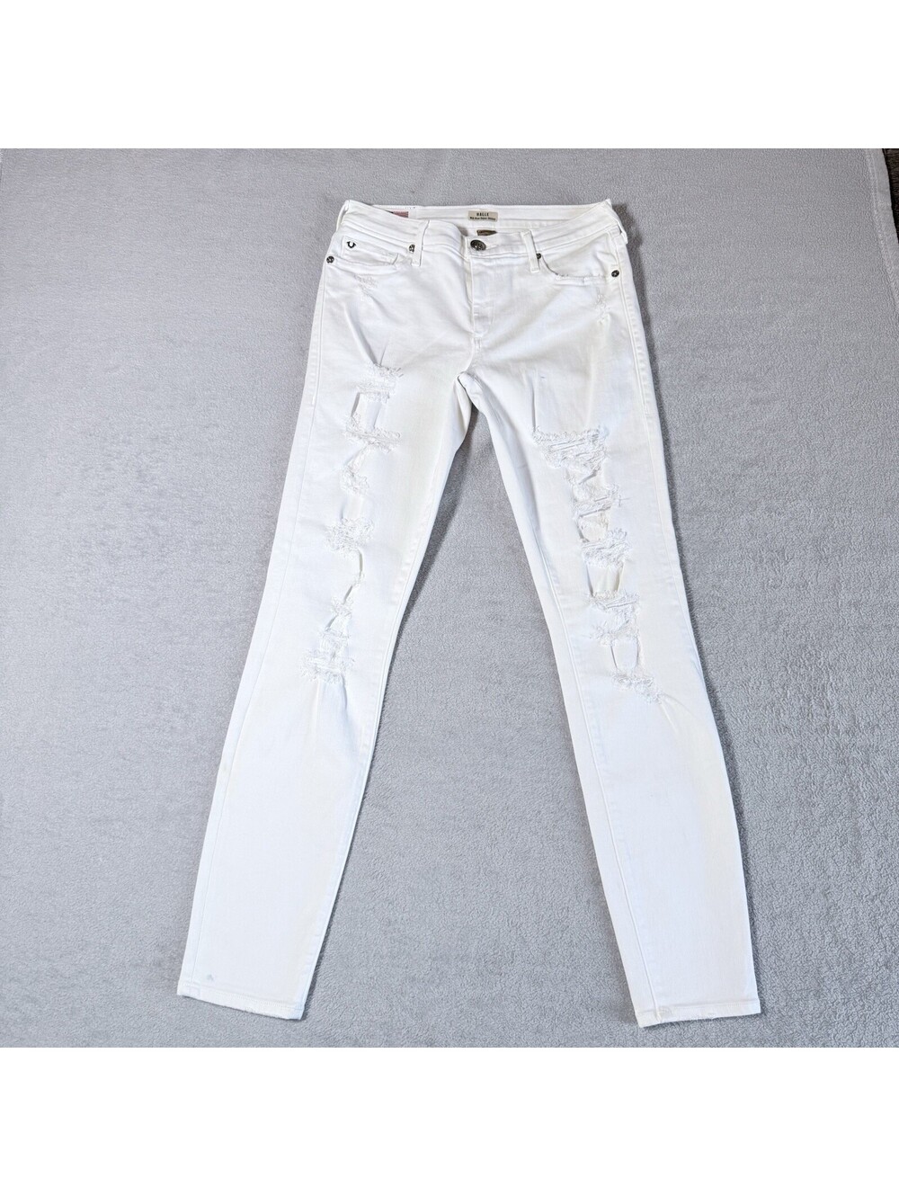 True Religion High Rise Super Skinny Halle Made USA Distressed White Jeans 28
